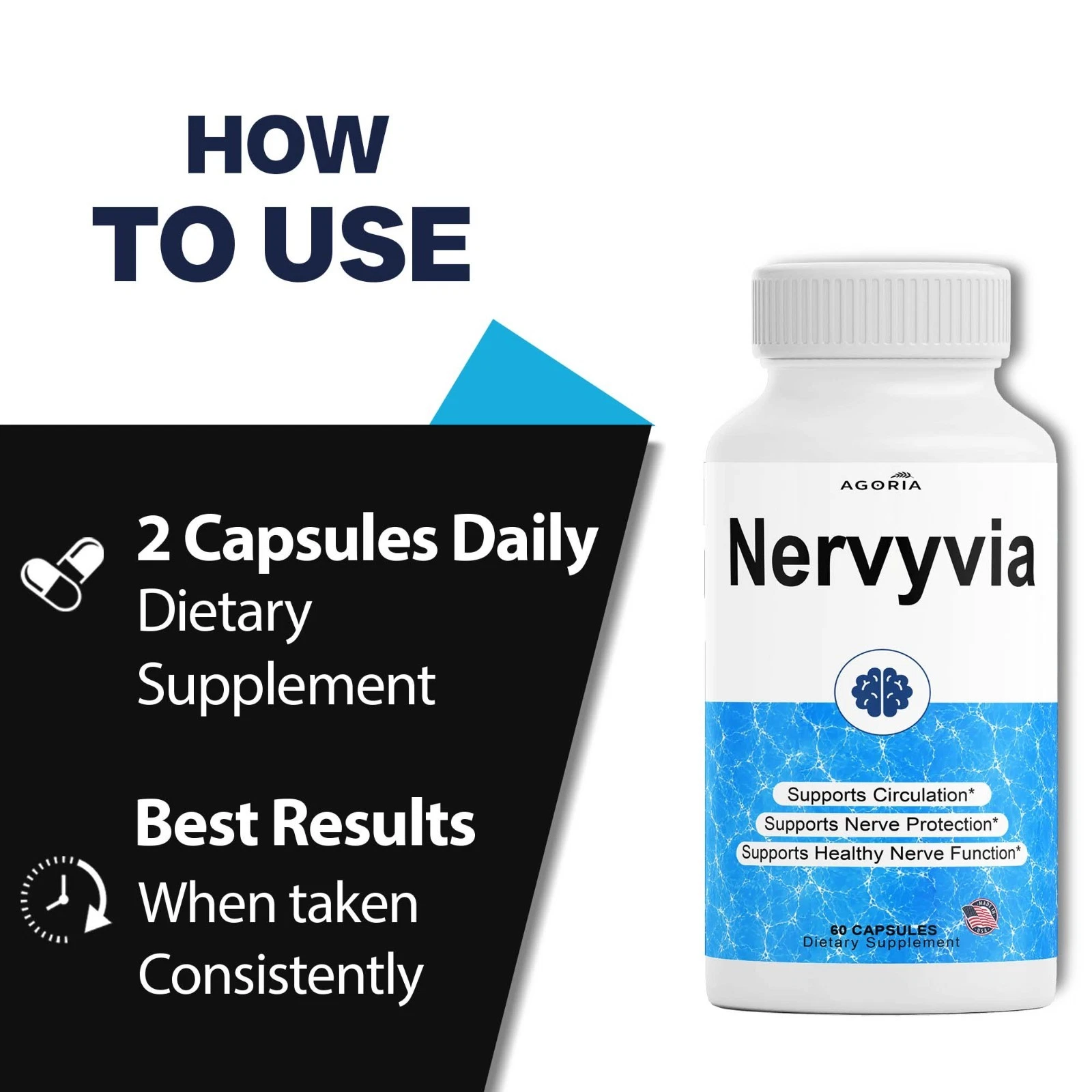 Nervyvia supplement bottle standing on a table
